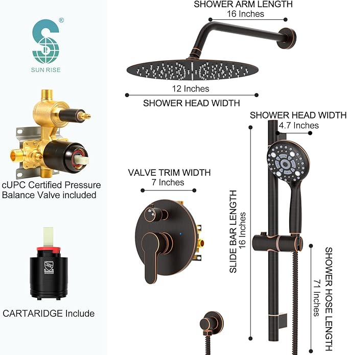 SR SUN RISE 12 Inch Oil Rubbed Bronze Shower System, Wall-Mount Adjustable 16-Inch Slide Bar with 6-Function Hand Shower Faucet Included Valve and Trim Kit