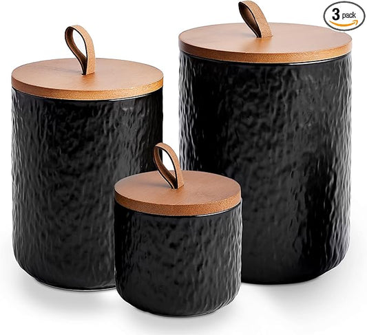 JOJUNO Black Ceramic Canister Set with Wooden Lid, 3-Piece Airtight Food Storage Jars for Kitchen Counter - Flour, Sugar, Coffee, Tea, Spice - Small, Medium, Large Sizes - Stone Texture