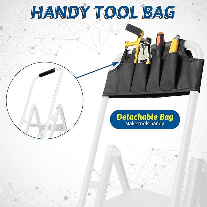 Double Elite Step Ladder 5 Step Folding with Handrails, Safer 5 Step Ladders for Home, Convenient Folding Step Stool with Tool Bag, Sturdy Indoor/Outdoor Ladder for Adults Anti-Slip Pedals, White