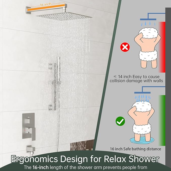 Hoimpro12 Inch Rain Shower System, High Pressure Shower Heads and Handheld 2-Spray Combo Set Slide Bar Shower Faucets Sets Complete Included Valve and Trim Kit for Bathroom, Brushed Nickel