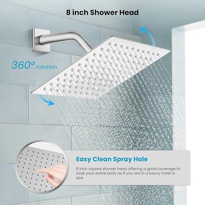 gotonovo Rainfall Tub Shower Faucet Set Bathroom Shower System with Tub Spout Wall Mount Square High Pressure Shower Fixtures with Handheld Sprayer Rough-In Valve 8'' Shower Head,Polished Chrome
