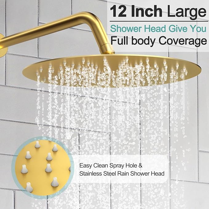 SR SUN RISE 12 Inch Brushed Gold Shower System, Wall-Mount Adjustable 16-Inch Slide Bar with 6-Function Hand Shower Faucet Included Valve and Trim Kit