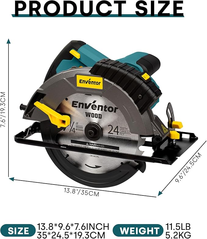 Enventor Circular Saw Corded, 14A Electric Circular Saws 7-1/4-Inch with Laser Guide, 2 Blade Saws (40T/24T), Max Cutting Depth 2-7/16"(90°), 1-13/16"(0°-45°), Single Handed Bevel, 5500RPM, Blue