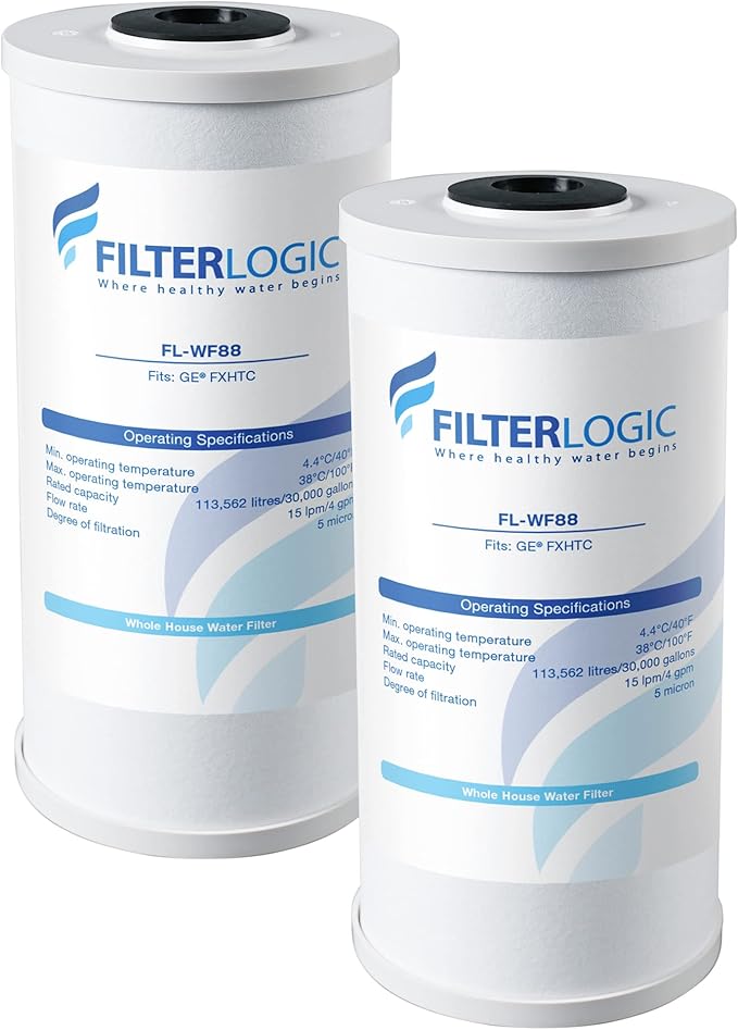 Filterlogic FXHTC Water Filter, Whole House Water Filter, Replacement for GE® FXHTC, GXWH40L, American Plumber W10-PR, Culligan® RFC-BBSA, W10-BC, Carbon Filters, 5 Micron, Pack of 2