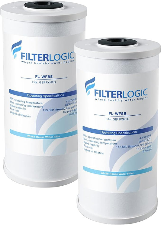 Filterlogic FXHTC Water Filter, Whole House Water Filter, Replacement for GE® FXHTC, GXWH40L, American Plumber W10-PR, Culligan® RFC-BBSA, W10-BC, Carbon Filters, 5 Micron, Pack of 2