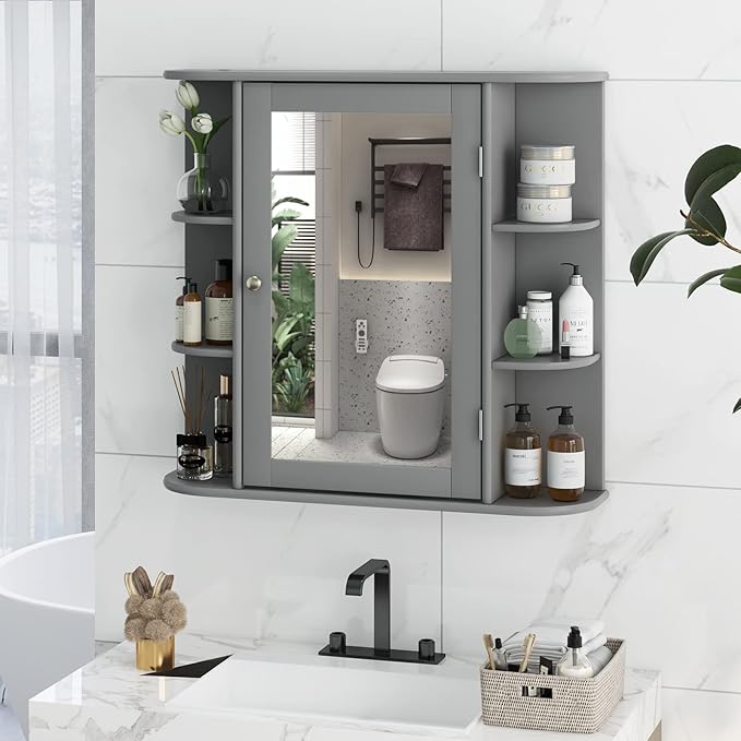 Tangkula Bathroom Medicine Cabinet with Mirror, Wall Mounted Home Storage with Door & 6 Open Shelves, Adjustable Shelves, Mirrored Bathroom Wall Cabinet (Gray)