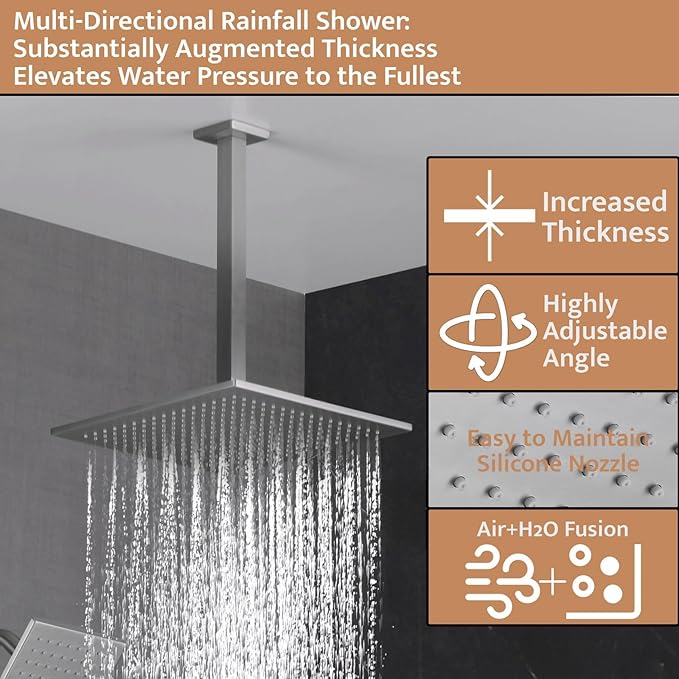 Thermostatic Shower System Brushed Nickel, Push Button Diverter Shower Faucet with 2 in 1 Handheld, Ceiling Mount 12 Inch Shower Head with 6 Inch Wall Mount Shower Head
