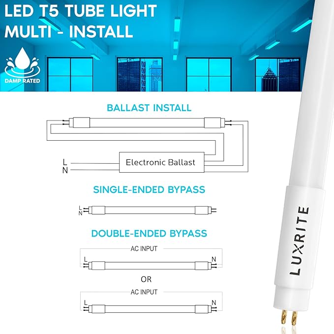 LUXRITE 30-Pack 4FT T5 LED Tube Lights, Type A+B, 24W=54W, 4000K Cool White, 45.78", Ballast and Ballast Bypass Compatible, Single or Double End Powered, F54T5 Fluorescent Replacement, Damp Rated