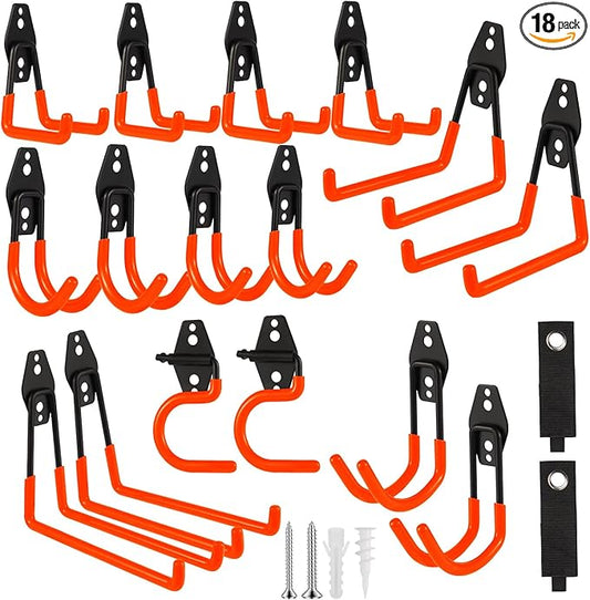 Garage Hook Heavy Duty Wall Storage Hangers, 18 Pack Garage Storage Hooks Steel Tool Organizer Orange for Ladders, Ropes, Garden Tools