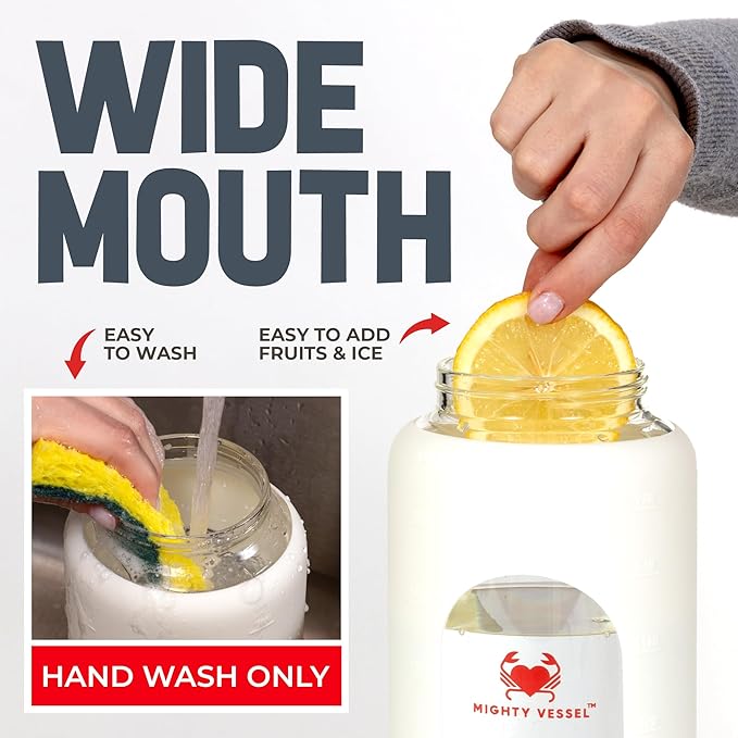 Leakproof 64oz glass water bottle with Time Markers - White Large Water Bottle with Measurements - Pregnancy Water Bottle Tracker - Half Gallon Water Bottle with Straw, 2 liter Water Bottle Glass