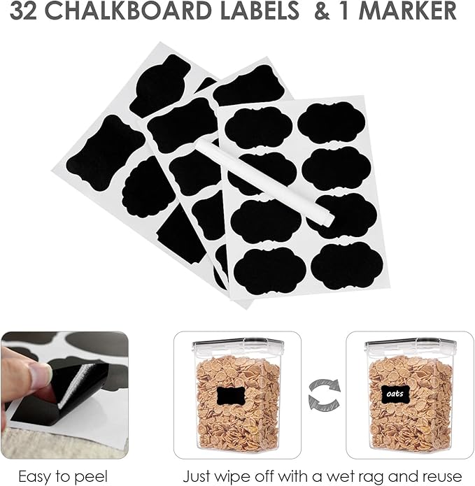 Vtopmart 32pcs Airtight Food Storage Containers Set, BPA Free Plastic Kitchen and Pantry Organization Canisters with Lids for Cereal, Dry Food, Flour and Sugar, Includes 32 Labels