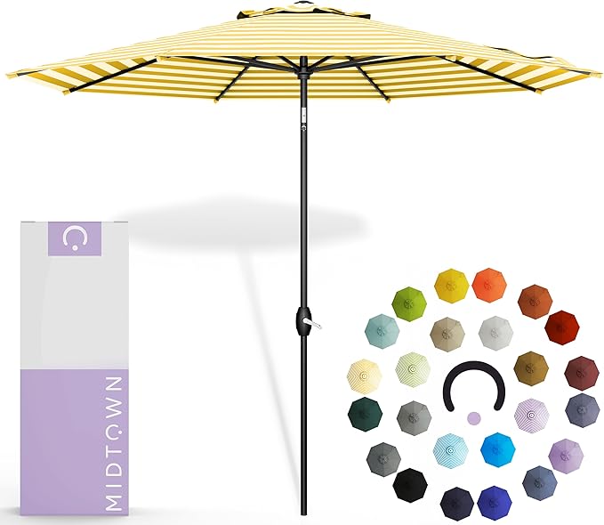 Midtown Umbrellas 10-Year-No-Fade - 10 Feet outdoor umbrella Terylast White/Yellow Stripes Polyester Fabric - Auto-Tilt Aluminum Frame Patio Umbrella For Deck, Garden, Pool - Black Pole