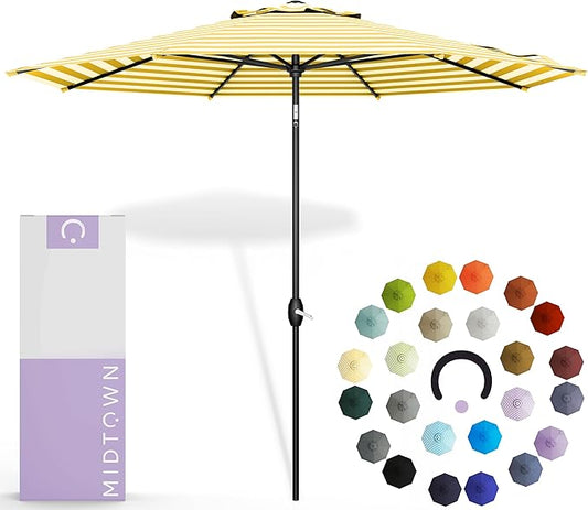Midtown Umbrellas 10-Year-No-Fade - 10 Feet outdoor umbrella Terylast White/Yellow Stripes Polyester Fabric - Auto-Tilt Aluminum Frame Patio Umbrella For Deck, Garden, Pool - Black Pole