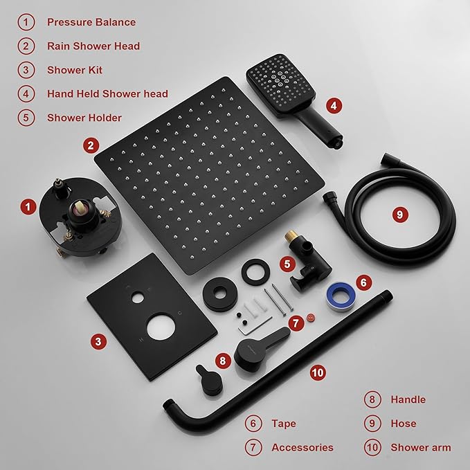 Shower Faucet Set Wall Mounted Shower head with Handheld Comb Rain System 6 Function Pressure Balance - Stainless Steel Bathroom Shower Kit Complete 12 Inch Matte Black(With Valve)