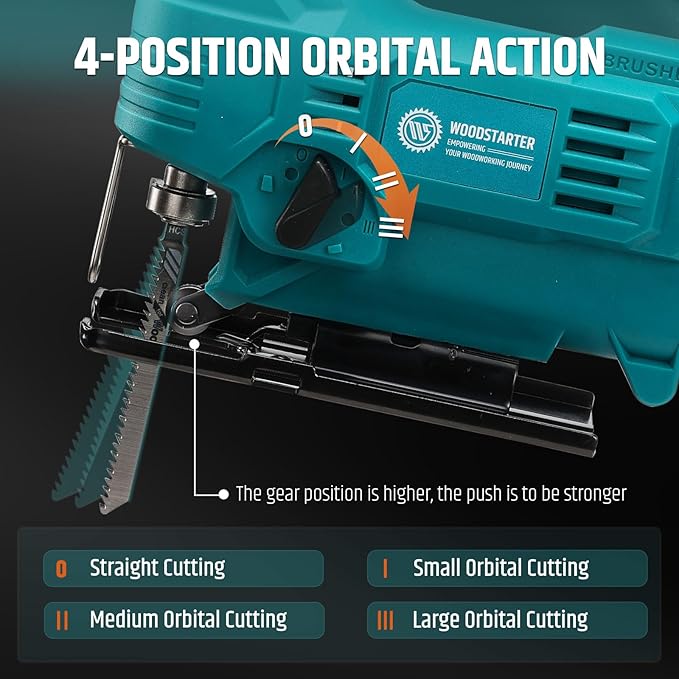 Cordless Jig Saw with Brushless Motor, 3 Adjustable Speed Settings, 45°-90° Cutting Angle, Compatible with T-Shaped Blades, Includes Dust Blowing Feature(With Battery and Charger)