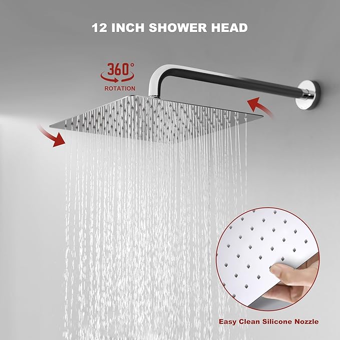 Shower Faucet Set - 12 inches Rain Shower System with 6 Function Handheld Shower Head Rough in Pressure Balance Valve Kit - Stainless Steel Bathroom Shower Kit Complete （Polished Chrome）