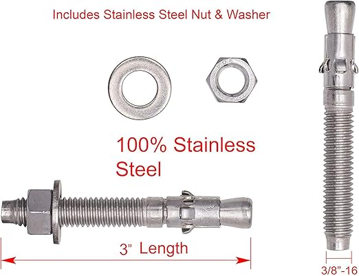 Bolt Dropper Stainless Steel Wedge Anchors - 3/8" x 3" Corrosion Resistant Concrete Fasteners - Commercial Grade Anchor Bolt, Nuts, and Washers Included - Pack of 10