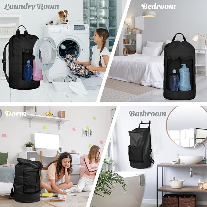 Laundry Bag Backpack Large Travel Laundry Bag with Adjustable Shoulder Straps Portable Laundry Hamper for College, Dorm, Apartment Camp(Black)