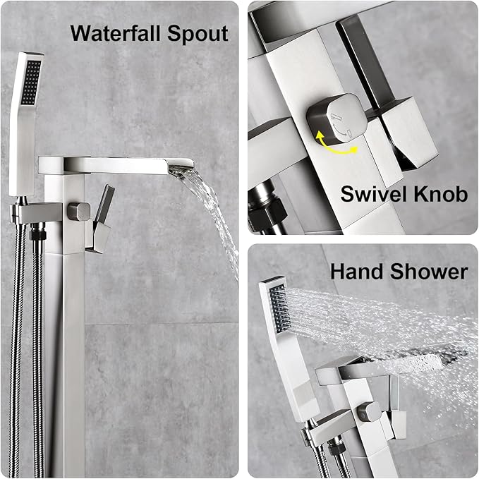 BAGNOLUX Solid Brass Floor Mount Bathtub Faucet Free Standing Tub Faucet Freestanding Tub Filler Brushed Nickel High Flow Rate Swivel Spout with Hand Shower, ‎YGSLT-Waterfall Brushed Nickel