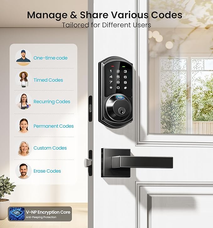 Veise VE07-L Fingerprint Smart Locks for Front Door with Zinc Alloy Handle Set, App Control, Keyless Entry, Electronic Digital Keypad Deadbolt, Auto Lock, Waterproof, Easy to Install, Matte Black