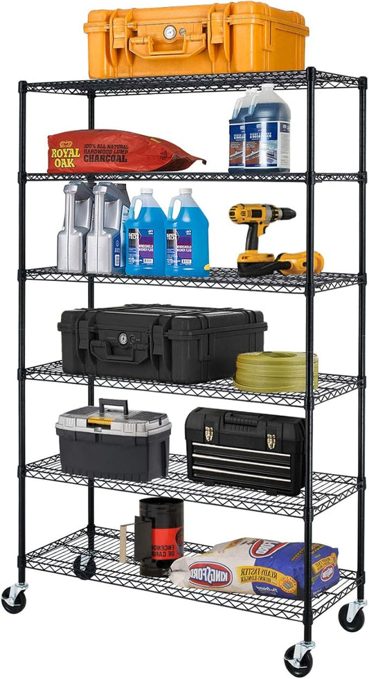 BestOffice | 6-Tier Wire Storage Shelves with Wheels | 18x48x77 | Black | Adjustable Racks | Heavy-Duty Metal Shelf, Holds Upto 600 lbs | No-Tool Assembly | Ideal for Home & Garage Shelving