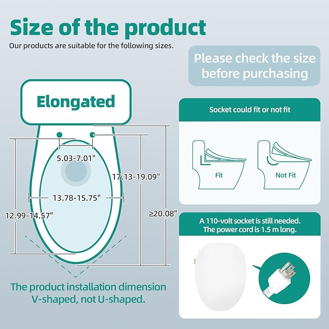 Electric Bidet Toilet Seat, Warm Water Bidet for Rear and Front Washing, Self-Cleaning Nozzle, Elongated V-shaped Heated Toilet Seat with Dryer, Touch Panel, SoftClose Lid, LED Light and Deodorization