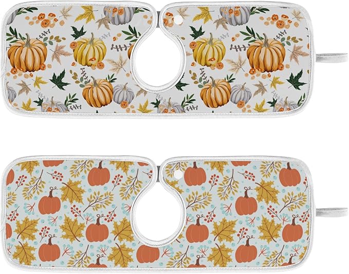 Fall Pumpkin Faucet Sink Mat for Kitchen 2 Pack Autumn Maple Leaves Sunflower Berry Bathroom Drying Mat Absorbent Splash Water Catcher Mats Microfiber Cloth Drip Protector Splash Pad 14x5 Inches