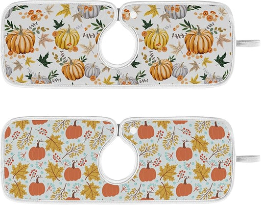 Fall Pumpkin Faucet Sink Mat for Kitchen 2 Pack Autumn Maple Leaves Sunflower Berry Bathroom Drying Mat Absorbent Splash Water Catcher Mats Microfiber Cloth Drip Protector Splash Pad 14x5 Inches
