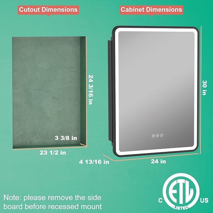 24x30 Inch Medicine Cabinet with Mirror, Recessed or Surface Mount Bathroom Medicine Cabinet with LED Lights, Anti-Fog, Memory Function, Adjustable Shelf, Dimmable Light, ETL Listed, Black,Right Hinge