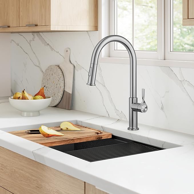 KRAUS Torak Pull Down Kitchen Faucet in Spot-Free Stainless Steel with 2 Function Sprayer, Pre-Attached Water Lines, and Mounting Hardware, KPF-2840SFS