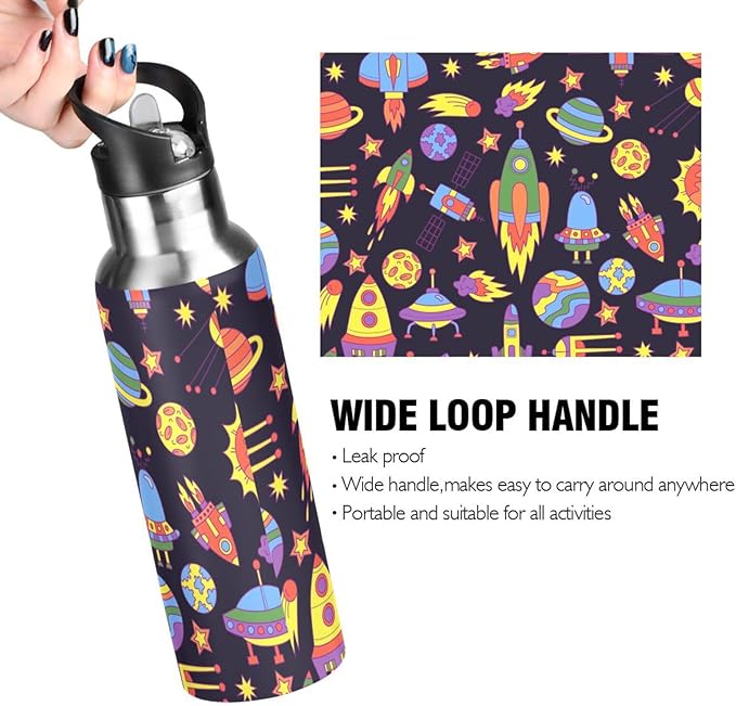 Outer Space Rocket Space Ship Ufo Stainless Steel Water Bottle with Straw Lid - 20 Oz Sports Insulated Water Bottle Thermos for Sport Gym Outdoor Travel School