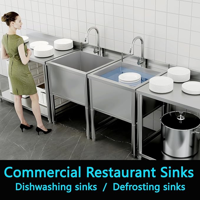 Stainless Steel Commercial Restaurant Sink, Freestanding Large Commercial Sink with Pull-out Faucet for Kitchen Dishwashing, Thawing, Pet Cleaning, Laundry Room, 23.6"D x 21.6"W x 36.8"H