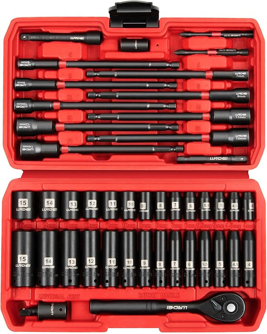 LLNDEI 1/4" Drive Socket Set & Nut Driver Set 44PCS, 1/4-Inch Sockets Deep&Shallow Metric(4-15mm) with Ratchet, 1/4" Hex Shank 6" Long Nut Drivers(6-14mm) for Impact Drill Bits(PH1 PH2)