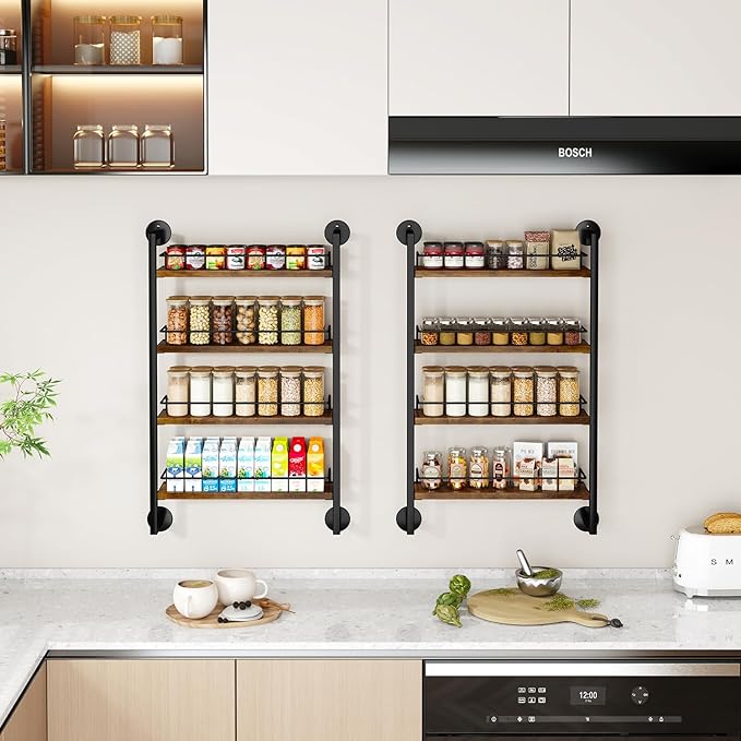 IBUYKE Spice Rack Wall Mount,4 Tier Hanging Seasoning Organizer,Large Spice Rack for Wall for up to 50 Jars,Spice Organization for Kitchen Cabinet,Bathroom,Pantry,Living Room,Brown TLJ016H