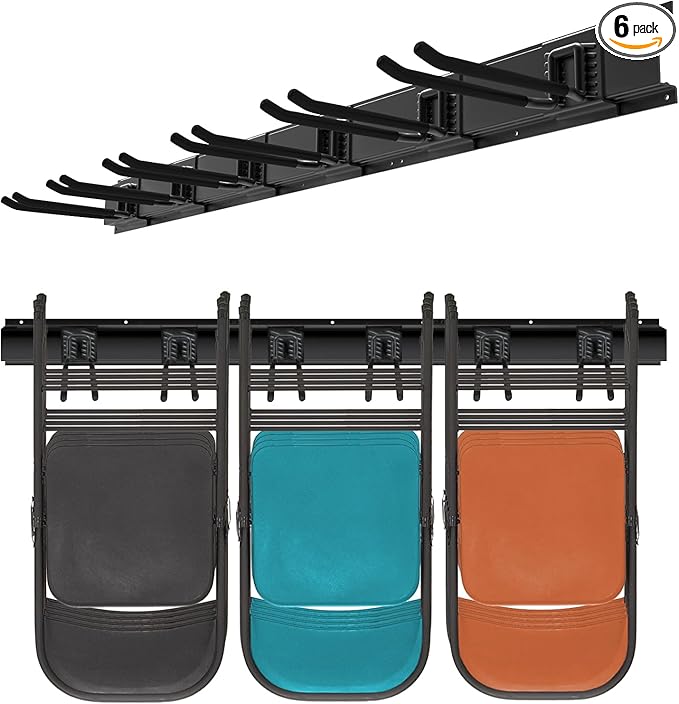Wall Mount Folding Chair Hangers for Garage, Heavy Duty Garage Organizer Rack with 6 Adjustable Hooks, 48 Inch Tracks, Max Load 450lb, Storage for Rake, Shovel, Ski Tools