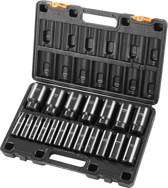 VEVOR Impact Socket Set, 1/2" 19 Piece Impact Sockets, Deep Socket, 6-Point Sockets, 1/2 Inches Drive Socket Set Impact 3/8 inch - 1-1/2 inch, Cr-V Rugged Construction, with a Storage Cage