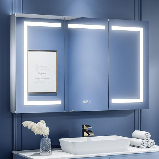 ExBrite LED Lighted Bathroom Medicine Cabinet with Mirror, 48 x 30 Inch, Recessed or Surface Mount, Anti-Fog, Stepless Dimming, Color Temperature Change, Built-in 6000K Sensor Light, Storage Shelves