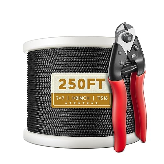 250FT 1/8" T316 Black Stainless Steel Cable, Black Wire Rope Aircraft Cable for Deck Cable Railing Kit, DIY Balustrades, 7x7 Strands Construction, Comes with a Cutter