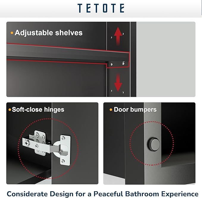 TETOTE 60x30 Inch Black Medicine Cabinet Mirror for Bathroom Aluminum Framed Surface or Recessed Wall-Mounted Medicine Cabinets Beveled Mirror with Storage 3 Door Modern Farmhouse