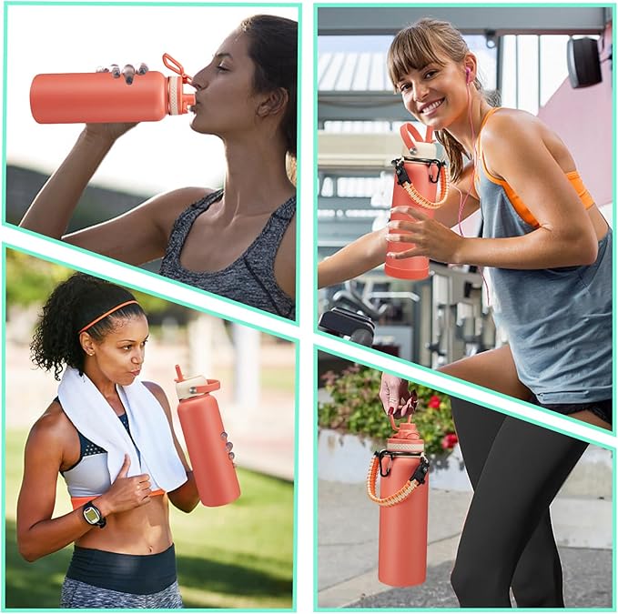 40 oz Stainless Steel Water Bottles with Straw and Auto Spout Lids, Wide Mouth Metal Thermos Bottles for Gym, Leak Proof & BPA-Free Water Flask Jug with Paracord Handle & Carrier Bag with Strap