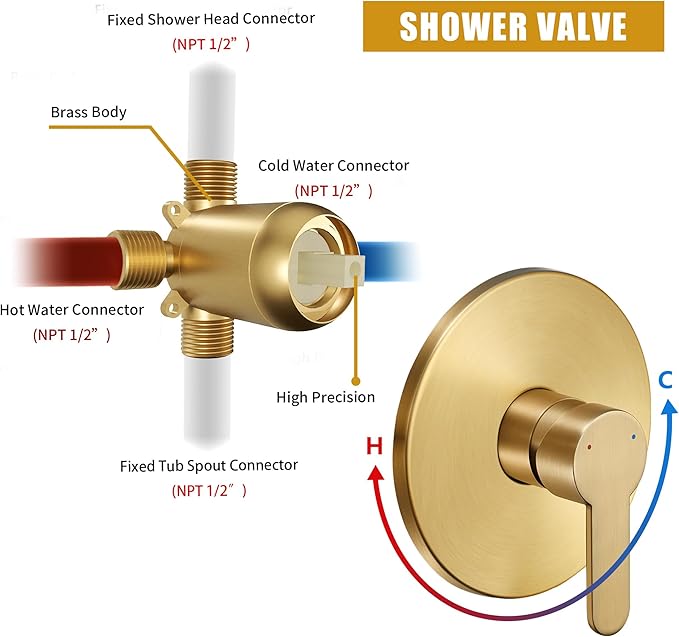 Tohlar Gold Shower Faucet Set with Tub Spout, Bathtub and Shower Faucet Combo Kit, 6-Inch Rain Shower Head and Faucet Set with Valve, Brushed Gold