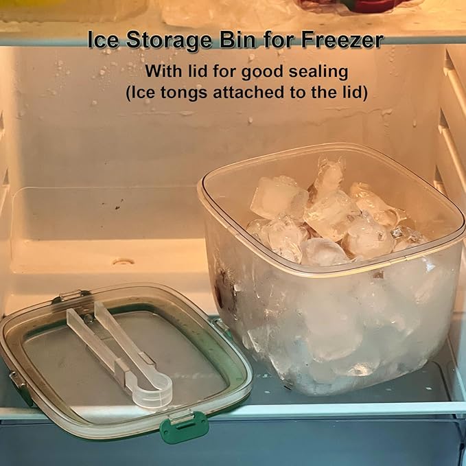 Portable Ice Bucket for Freezer with Lid & Ice Tong for Outdoor Camping, Plastic Clear Refrigerator Ice Cube Storage Bin for Whiskey Wine Cocktail Party, Big Ice Cube Mold Tray for Ice Bath