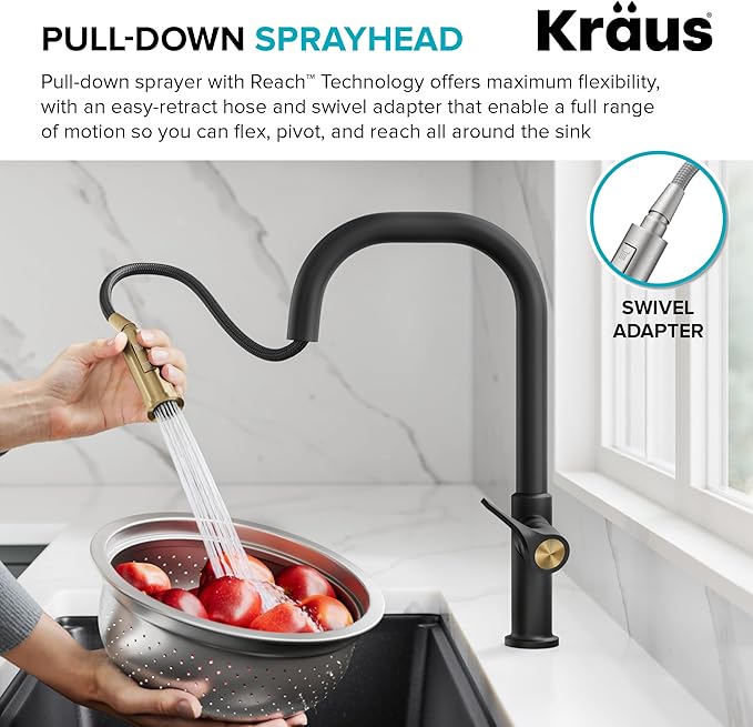 KRAUS Torak Pull Down Kitchen Faucet in Matte Black with 2 Function Sprayer, Pre-Attached Water Lines, and Mounting Hardware, KPF-2841MB