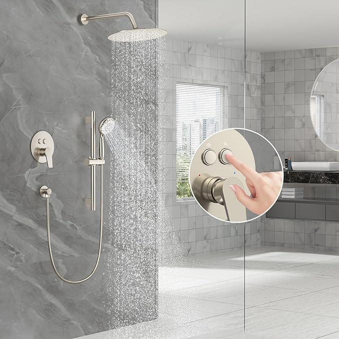 SR SUN RISE Shower System: 10 Inch Rainfall Shower Head with Handheld Combo Set - Slide Bar Bathroom Shower Faucet Set Wall Mounted (Valve and Trim Kit Included) - Brushed Nickel