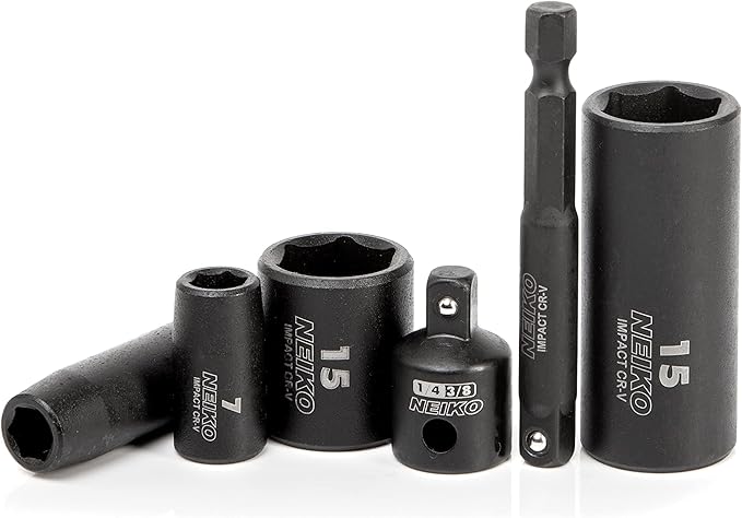 NEIKO 02436A 1/4 Drive Impact Socket Set 50 Piece Metric & Standard, Deep & Shallow Chrome Vanadium Steel 3/8” to 1/4” Reducer Hex Shank Adapter, 1/4 Socket Set Metric and Standard, Deep Socket Set