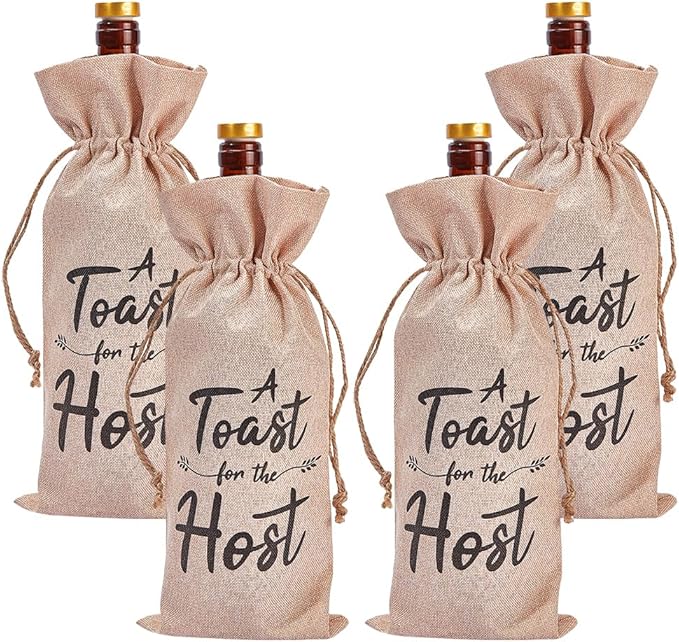 PLIGREAT 4 Pcs Cotton Linen Wine Bottle Bags Bulk Champagne Wine Gift Wraps Bag for Housewarming Wedding Shower Party Gifts Packaging Bag Reusable Jute Burlap Wine Bottle Storage Bag with Drawstring