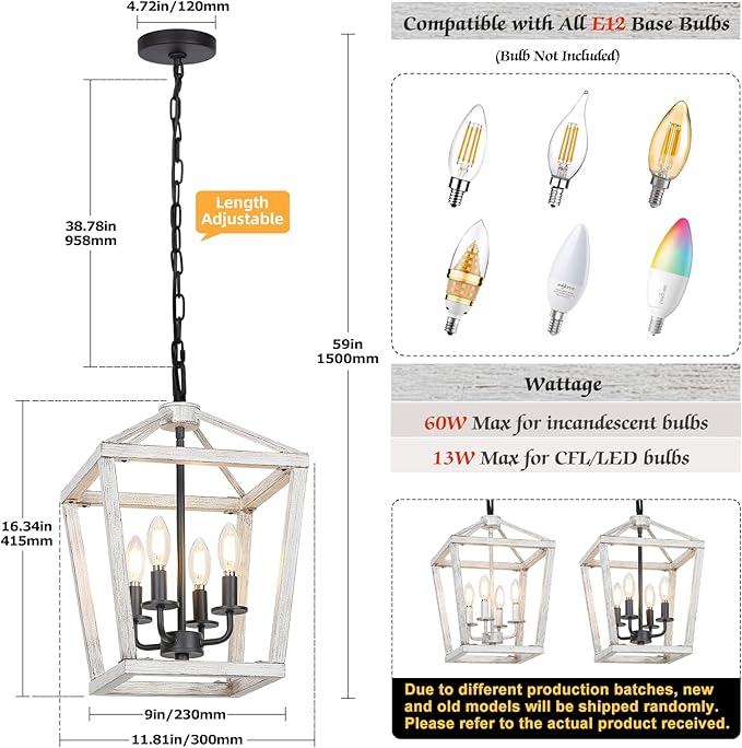 4 Light Rustic Chandelier, Farmhouse Lantern Fixture with Brushed White Oak Cage and Adjustable Chain, E12 Base Geometric Hanging Light Fixture Ceiling lighting for Entryway Kitchen Island, Indoor Use
