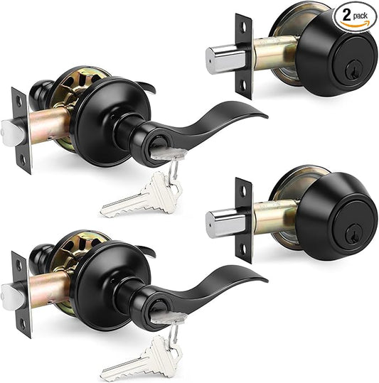 Probrico Front Door Entry Lever Lockset, Single Cylinder Deadbolt Combination Set, Flat Black Finish Keyed Alike Combo, Reversible for Right and Left Side 2Pack