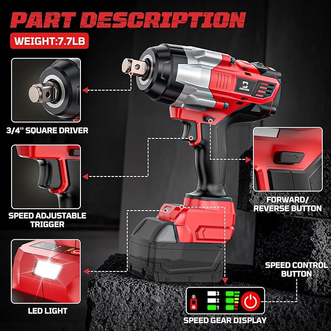 Cordless Impact Wrench 3/4 inch Compatible with Milwaukee Battery, 1850ft-lbs (2500N.m) Brushless Electric Impact Gun, High Torque Impact Driver, Bare Tool Only，Heavy-Duty Automotive &Industrial Tasks