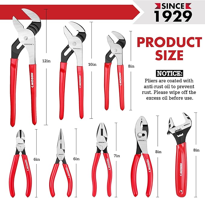 ARROW 8PCS Pliers & Wrench Set, 6" Needle Nose Pliers, 6" Diagonal, 7" Linesman, 8" Slip Joint, 8" & 10" & 12" Groove Joint and CRV 8" Adjustable Wrench, Portable Rolling Bag With Handle